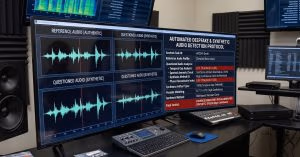 A close-up of a forensic audio workstation screen displaying an automated deepfake detection protocol. The software interface shows waveform comparisons and a final verdict indicating the detection of AI-generated synthetic speech, set up in a professional audio analysis laboratory.